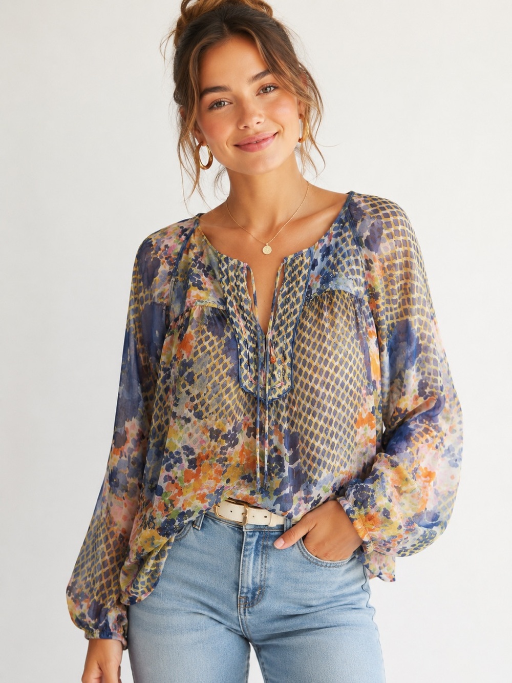 Casual Studio Flowy Multi-Color Floral Print Peasant Blouse Sz. M